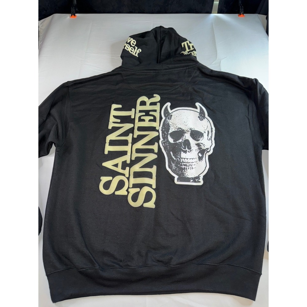 Yours Truly Forever Sinners Welcome Hoodie Black Saint Sinner Skull Puff‎ Print